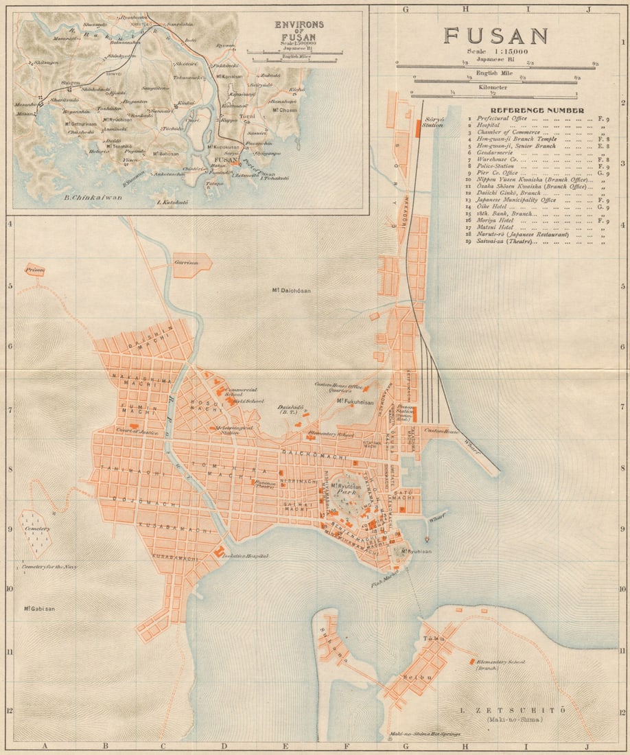 Fusan' & environs. Busan antique town city plan. South Korea 1913 old map (1 of 1)