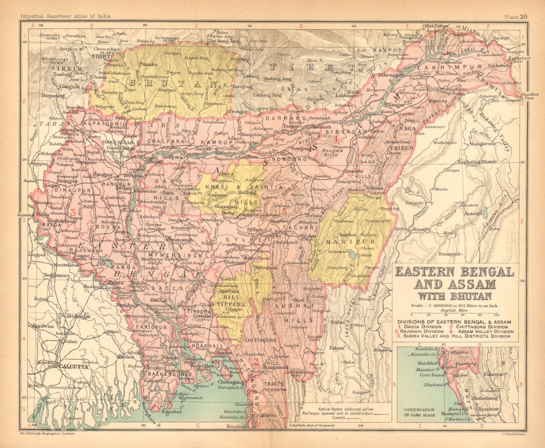 Eastern Bengal & Assam with Bhutan' British India/Bangladesh provinces 1909 map: Title: Eastern Bengal & Assam with Bhutan' British India/Bangladesh provinces 1909 map Description: Eastern Bengal and Assam, with Bhutan' by Bartholomew, J. G.. Published 1909. Antique colour gazette