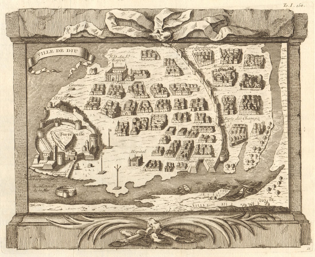 Ville de Diu'. India. City town & fortress plan, Daman & Diu. BELLIN 1746 map (1 of 1)