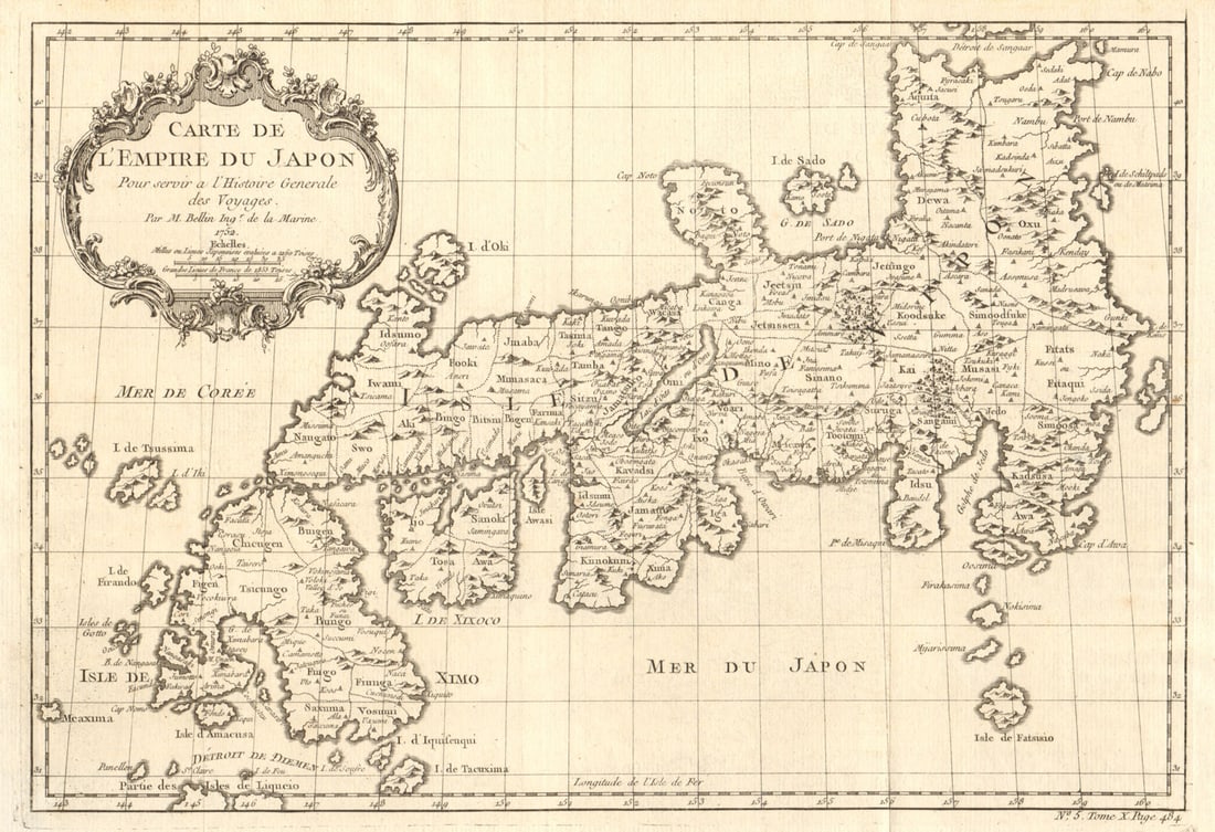 Carte de l’Empire du Japon'. Empire of Japan. BELLIN 1752 old antique map: Title: Carte de l’Empire du Japon'. Empire of Japan. BELLIN 1752 old antique map Description: Carte de l’Empire du Japon [Map of the empire of Japan] by Bellin, Jacques-Nicolas. Published