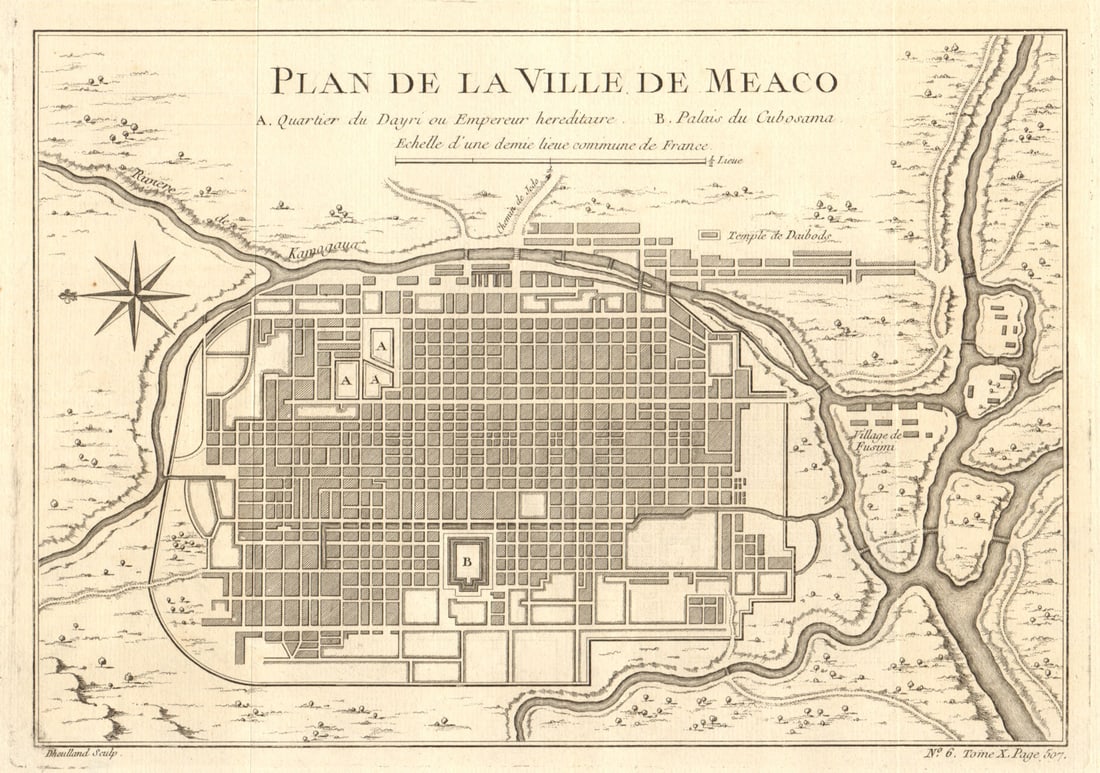 Plan de la Ville de Meaco'. Kyoto town city plan, Japan. BELLIN 1752 old map: Title: Plan de la Ville de Meaco'. Kyoto town city plan, Japan. BELLIN 1752 old map Description: Plan de la Ville de Meaco A.Quartier de Dayri ou Empereur hereditaire B. Palais du Cubosama [Plan of