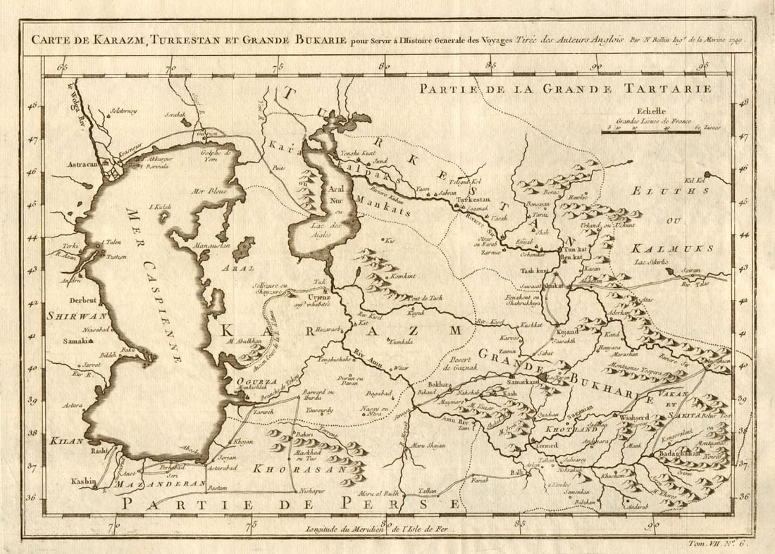 Karazm, Turkestan & Grande Bukarie'. Central Asia. Caspian Sea. BELLIN 1749 map: Title: Karazm, Turkestan & Grande Bukarie'. Central Asia. Caspian Sea. BELLIN 1749 map Description: Carte de Karazm, Turkestan, et Grande Bukarie [Map of Khwarezm, Turkestan, and Great Bukhara] by Bel