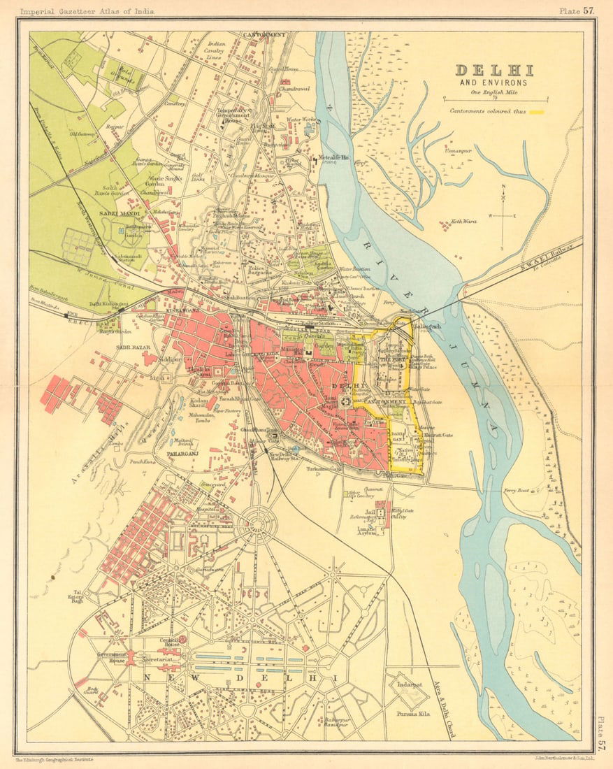 Delhi town city plan. Key buildings & Cantonment. British India 1931 old map (1 of 1)