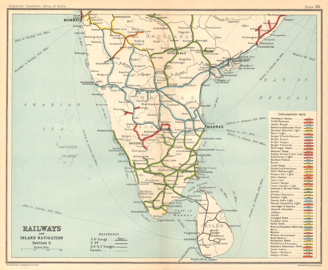 BRITISH INDIA RAILWAYS South. Tamil Nadu Karnataka Kerala Maharashtra 1931 map: Title: BRITISH INDIA RAILWAYS South. Tamil Nadu Karnataka Kerala Maharashtra 1931 map Description: Railways and inland navigation - Section 3' by Bartholomew, J. G.. Published 1931. Vintage colour gaz