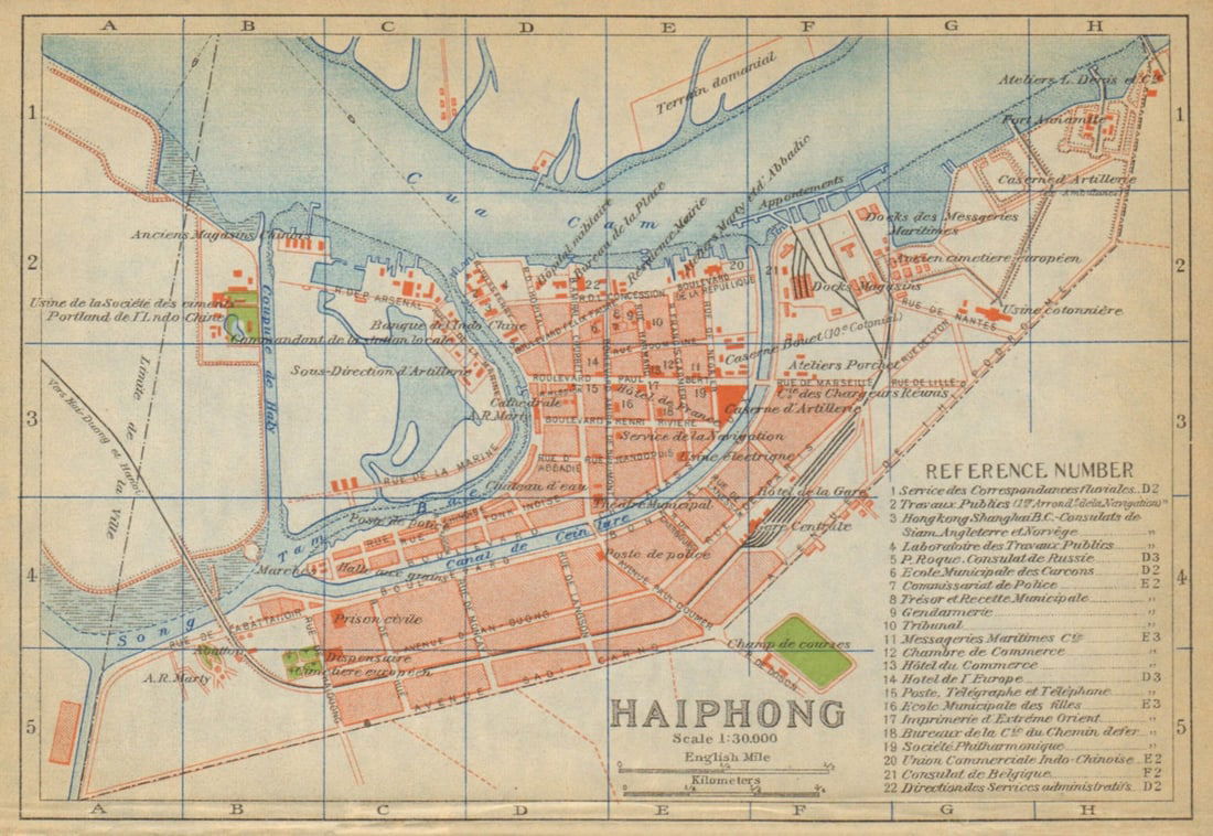 Haiphong antique town city plan. Hai Phong. Vietnam 1920 old map chart: Title: Haiphong antique town city plan. Hai Phong. Vietnam 1920 old map chart Description: Haiphong'. Imperial Japanese Government Railways. Published 1920. Antique colour map. Size 11 x 15 cm | 4.0 x