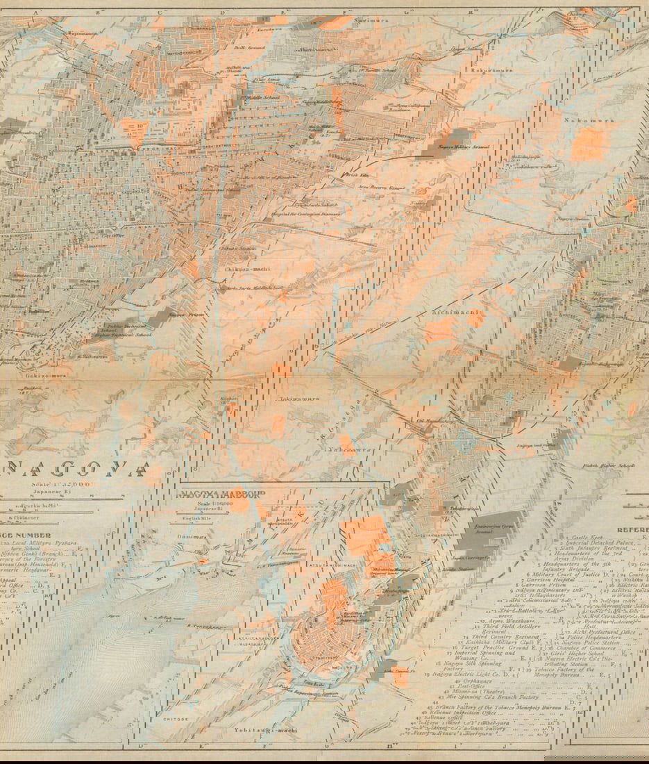Nagoya antique town city plan. Japan 1914 old vintage map chart: Title: Nagoya antique town city plan. Japan 1914 old vintage map chart Description: Nagoya'. Imperial Japanese Government Railways. Published 1914. Antique colour map. Size 31 x 26 cm | 12.0 x 10.0