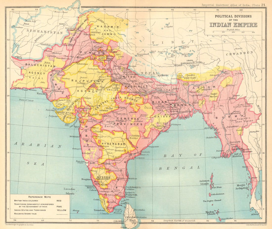 BRITISH INDIA Political Divisions. Indian states 1931 old vintage map chart: Title: BRITISH INDIA Political Divisions. Indian states 1931 old vintage map chart Description: Political Divisions of the Indian Empire' by Bartholomew, J. G.. Published 1931. Vintage colour gazettee