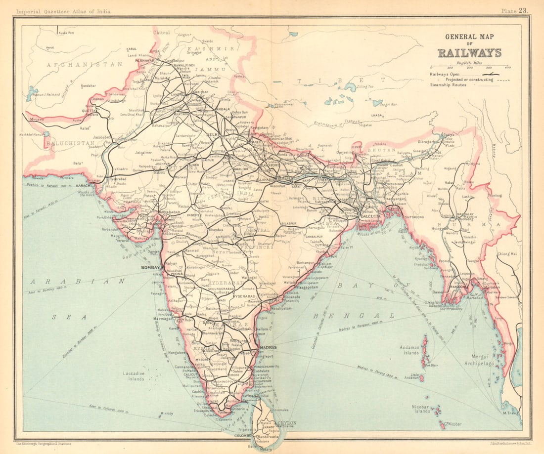 BRITISH INDIA. General Map of Railways. Burma Pakistan 1931 old vintage: Title: BRITISH INDIA. General Map of Railways. Burma Pakistan 1931 old vintage Description: General Map of Railways' by Bartholomew, J. G.. Published 1931. Vintage colour gazetteer map. Size 21 x 25