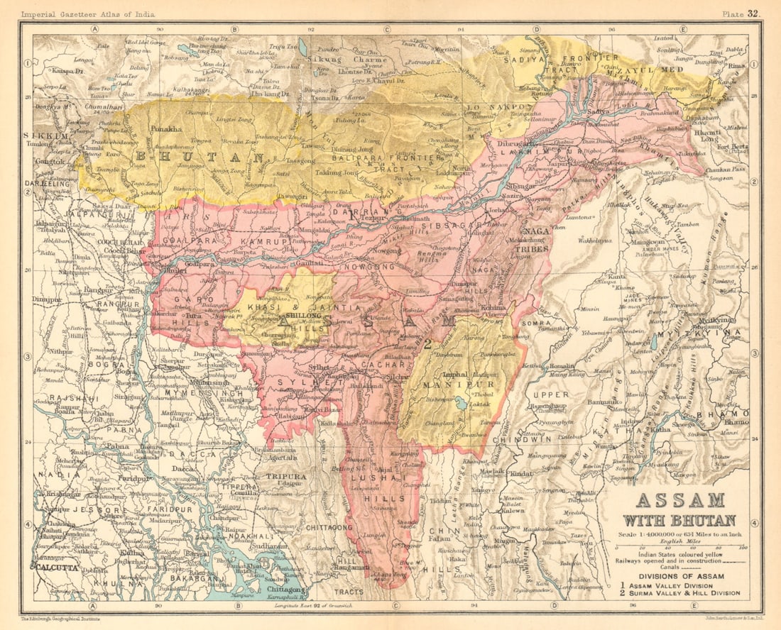 Assam with Bhutan'. North-east British India/Bangladesh provinces 1931 map: Title: Assam with Bhutan'. North-east British India/Bangladesh provinces 1931 map Description: Assam, with Bhutan' by Bartholomew, J. G.. Published 1931. Vintage colour gazetteer map. Size 21 x 25 cm