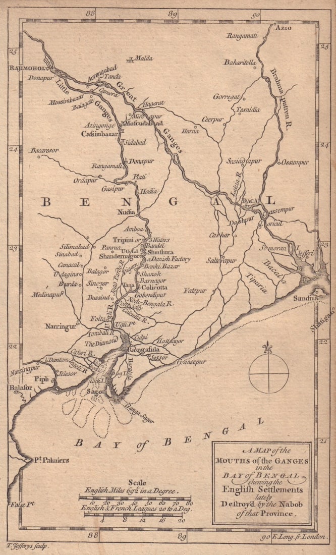 The mouths of the Ganges. Calcutta Dhaka Bangladesh W Bengal. JEFFERYS 1757 map: Title: The mouths of the Ganges. Calcutta Dhaka Bangladesh W Bengal. JEFFERYS 1757 map Description: A map of the mouths of the Ganges in the Bay of Bengal showing the English Settlements lately destro