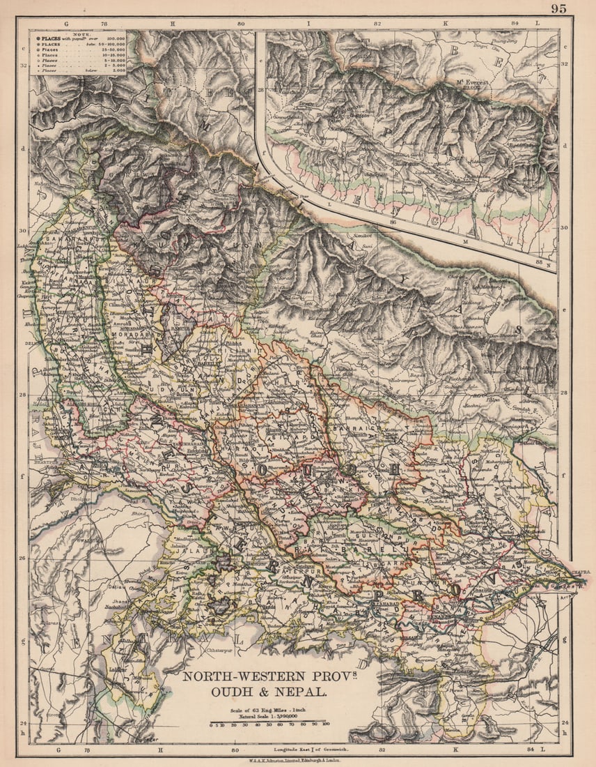 BRITISH INDIA N.North-Western Provinces,Oudh & Nepal.Railways.JOHNSTON 1906 map: Title: BRITISH INDIA N.North-Western Provinces,Oudh & Nepal.Railways.JOHNSTON 1906 map Description: North-Western Provs. Oudh & Nepal'. W. & A.K. Johnston, Limited Edinburgh & London. Published 19