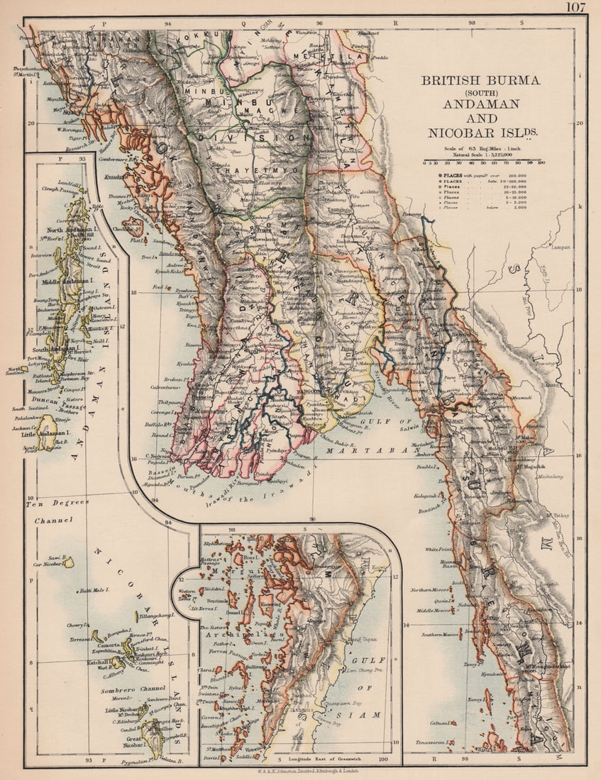 BRITISH INDIA E.South Burma,Andaman & Nicobar Islands.Railways.JOHNSTON 1906 map (1 of 1)