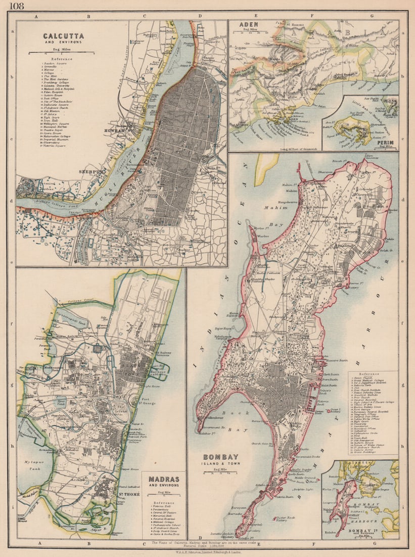 BRITISH INDIA CITIES.Calcutta(Kolkata)Madras(Chennai)Bombay(Mumbai) 1906 map: Title: BRITISH INDIA CITIES.Calcutta(Kolkata)Madras(Chennai)Bombay(Mumbai) 1906 map Description: Calcutta and Environs; Aden; Madras and Environs; Bombay Island & Town; Inset map of Perim; Bombay