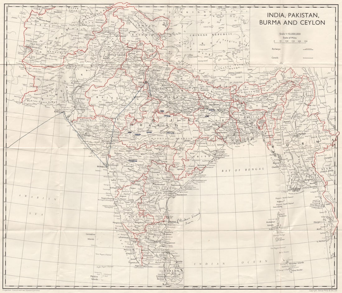 SOUTH ASIA. India Pakistan Burma & Ceylon 1965 old vintage map plan chart: Title: SOUTH ASIA. India Pakistan Burma & Ceylon 1965 old vintage map plan chart Description: India, Pakistan, Burma and Ceylon' by Murray, John. Published 1965. Vintage colour map. Scale 1:10,000,000