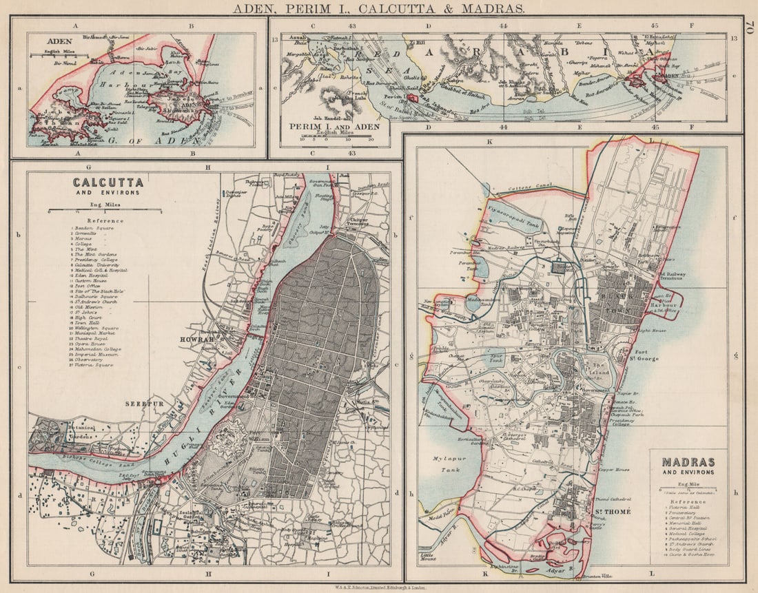 BRITISH INDIA CITIES.Calcutta & Madras plans. Also Aden/Perim.JOHNSTON 1903 map: Title: BRITISH INDIA CITIES.Calcutta & Madras plans. Also Aden/Perim.JOHNSTON 1903 map Description: Aden, Perim I., Calcutta & Madras'. W. & A.K. Johnston, Limited, Edinburgh & London. Published
