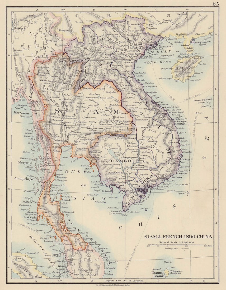 FRENCH INDOCHINA & SIAM. Thailand. Burma Cambodia Annam. JOHNSTON 1910 old map: Title: FRENCH INDOCHINA & SIAM. Thailand. Burma Cambodia Annam. JOHNSTON 1910 old map Description: Siam & French Indo-China' by Johnston, W & AK. Published 1910. Colour antique map. Size 27 x 21 c