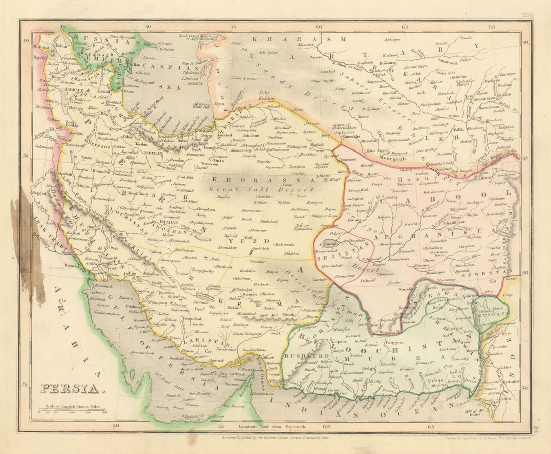 Persia by John Dower. Iran Afghanistan pakistan Beloochistan 1845 old map (1 of 1)