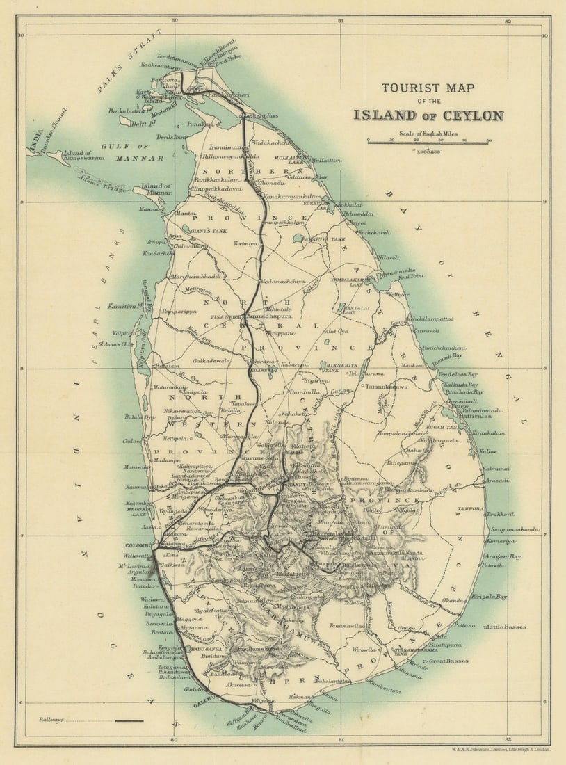 Tourist map of the island of Ceylon. Sri Lanka. British India 1905 old: Title: Tourist map of the island of Ceylon. Sri Lanka. British India 1905 old Description: Tourist map of the island of Ceylon' by Johnston, W. & A.K.. Published 1905. Colour antique map. Size 28 x 20