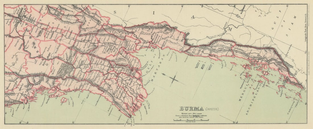 BRITISH INDIA Burma (south). Myanmar. Mergui Archipelago. Martaban Gulf 1905 map: Title: BRITISH INDIA Burma (south). Myanmar. Mergui Archipelago. Martaban Gulf 1905 map Description: Burma (south)' by Murray, John. Published 1905. Colour antique map. Size 17 x 42 cm | 6.5 x 16.5 in