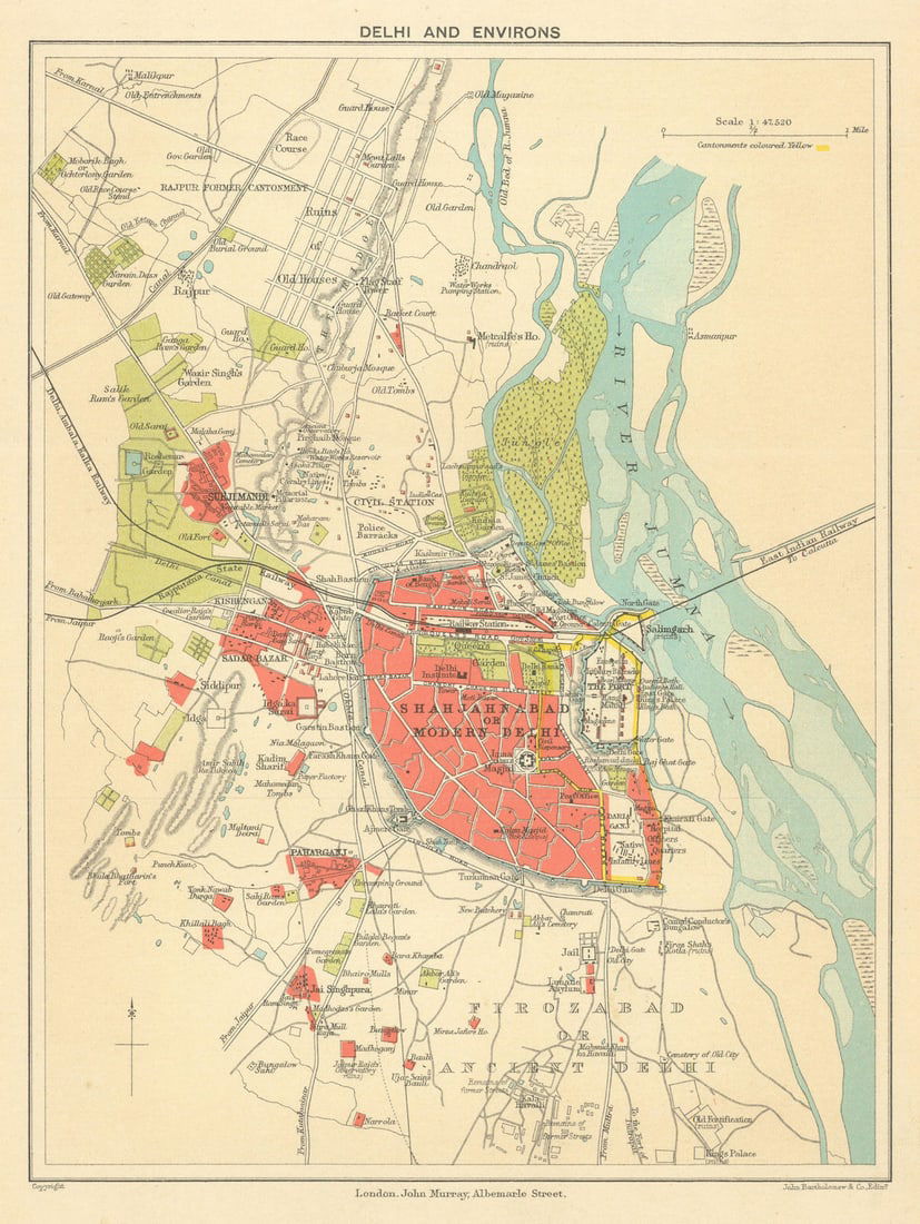 BRITISH INDIA. Delhi & environs plan. Showing cantonment & railways 1905 map: Title: BRITISH INDIA. Delhi & environs plan. Showing cantonment & railways 1905 map Description: Delhi and environs' by Murray, John. Published 1905. Colour antique map. Size 23 x 17 cm | 9.0 x 6.5 in