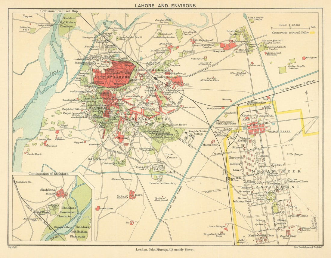 PAKISTAN. Lahore city plan showing the Old Meean Meer Cantonment 1905 map: Title: PAKISTAN. Lahore city plan showing the Old Meean Meer Cantonment 1905 map Description: Lahore and environs' by Murray, John. Published 1905. Colour antique map. Size 17 x 22 cm | 6.5 x 8.5 inch