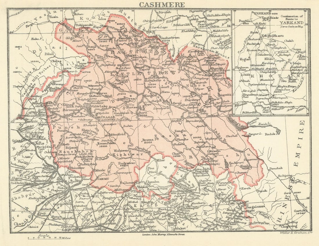 BRITISH INDIA. Cashmere. Kashmir 1905 old antique vintage map plan chart: Title: BRITISH INDIA. Cashmere. Kashmir 1905 old antique vintage map plan chart Description: Cashmere' by Murray, John. Published 1905. Colour antique map. Size 18 x 23 cm | 7.0 x 9.0 inches.