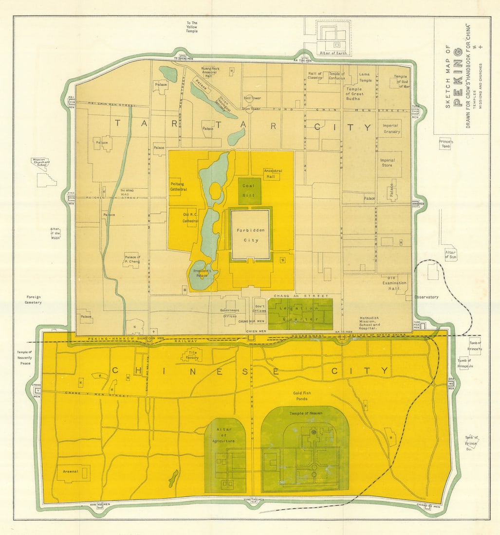 City plan of Peking by Carl Crow. Beijing China 1921 old antique map chart: Title: City plan of Peking by Carl Crow. Beijing China 1921 old antique map chart Description: Sketch Map of Peking - drawn for Crow's "Handbook for China"' by Crow, Carl. Published 1921. Vintage
