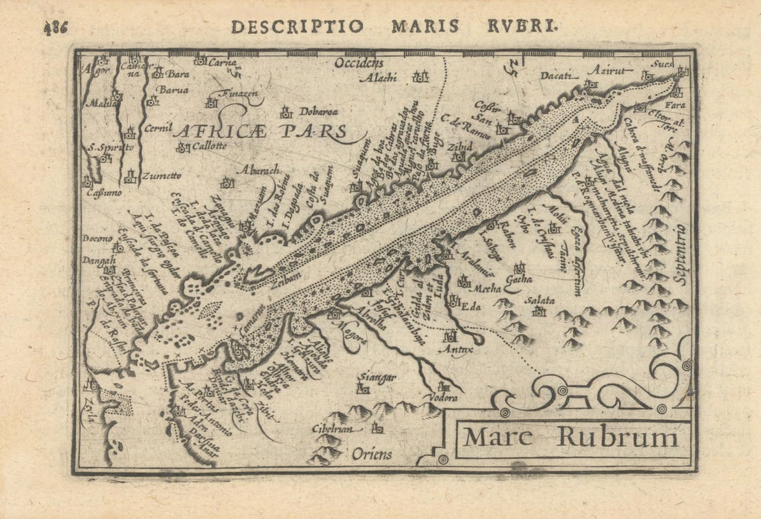 Maris Rubri / Mare Rubrum by Bertius / Langenes. The Red Sea 1603 old map: Title: Maris Rubri / Mare Rubrum by Bertius / Langenes. The Red Sea 1603 old map Description: Descriptio Maris Rubri / Mare Rubrum [The Red Sea]. The map is orientated to the west . Drawn by Petrus