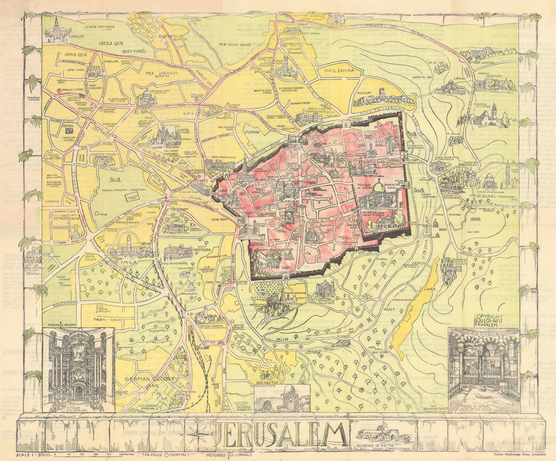 Guide map of Jerusalem. WW2/British Mandate era pictorial city plan. GAUER c1940: Title: Guide map of Jerusalem. WW2/British Mandate era pictorial city plan. GAUER c1940 Description: Guide-Map of Jerusalem'. Bernhard Gauer, Jerusalem & Dusseldorf. Published c1940 - The map is