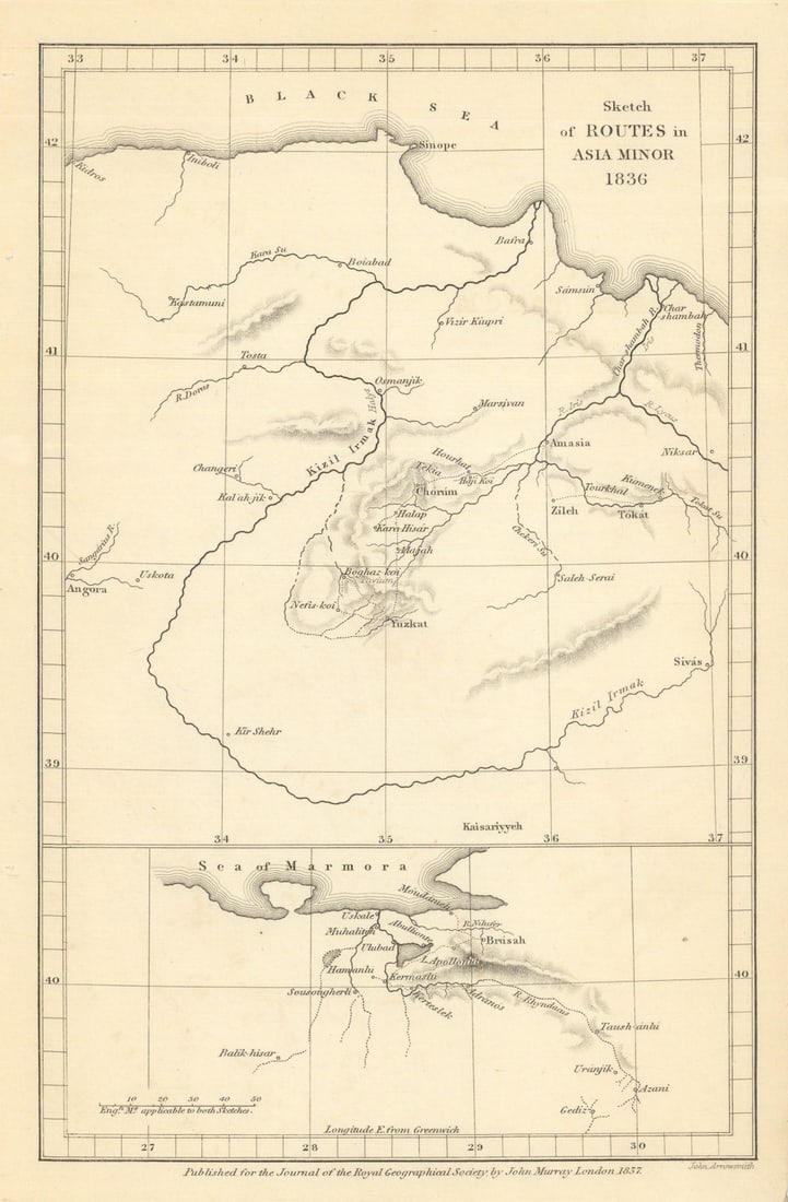 Sketch of Routes in Asia Minor by William John Hamilton / RGS 1837 old map: Title: Sketch of Routes in Asia Minor by William John Hamilton / RGS 1837 old map Description: Sketch of Routes in Asia Minor'. This map, published in the Journal of the Royal Geographical Society, tr