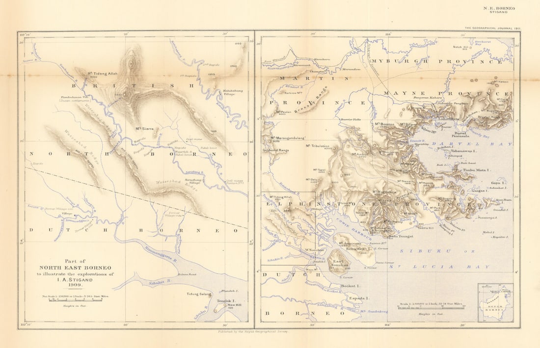 North east Borneo… explorations of Isaac Stigand 1909. Malaysia. RGS 1911 map: Title: North east Borneo… explorations of Isaac Stigand 1909. Malaysia. RGS 1911 map Description: Part of north east Borneo to illustrate the explorations of I. A. Stigand, 1909'. Royal