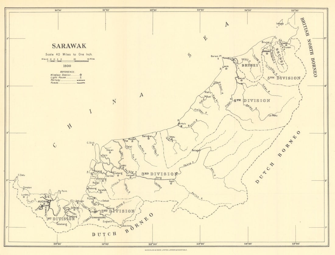 Sarawak showing wireless stations & lighthouses by Waterlow & Sons 1938 map: Title: Sarawak showing wireless stations & lighthouses by Waterlow & Sons 1938 map Description: Sarawak'. Waterlow & Sons Ltd., London Wall, London. Published 1930 (1938). Antique map. Size 24 x 31