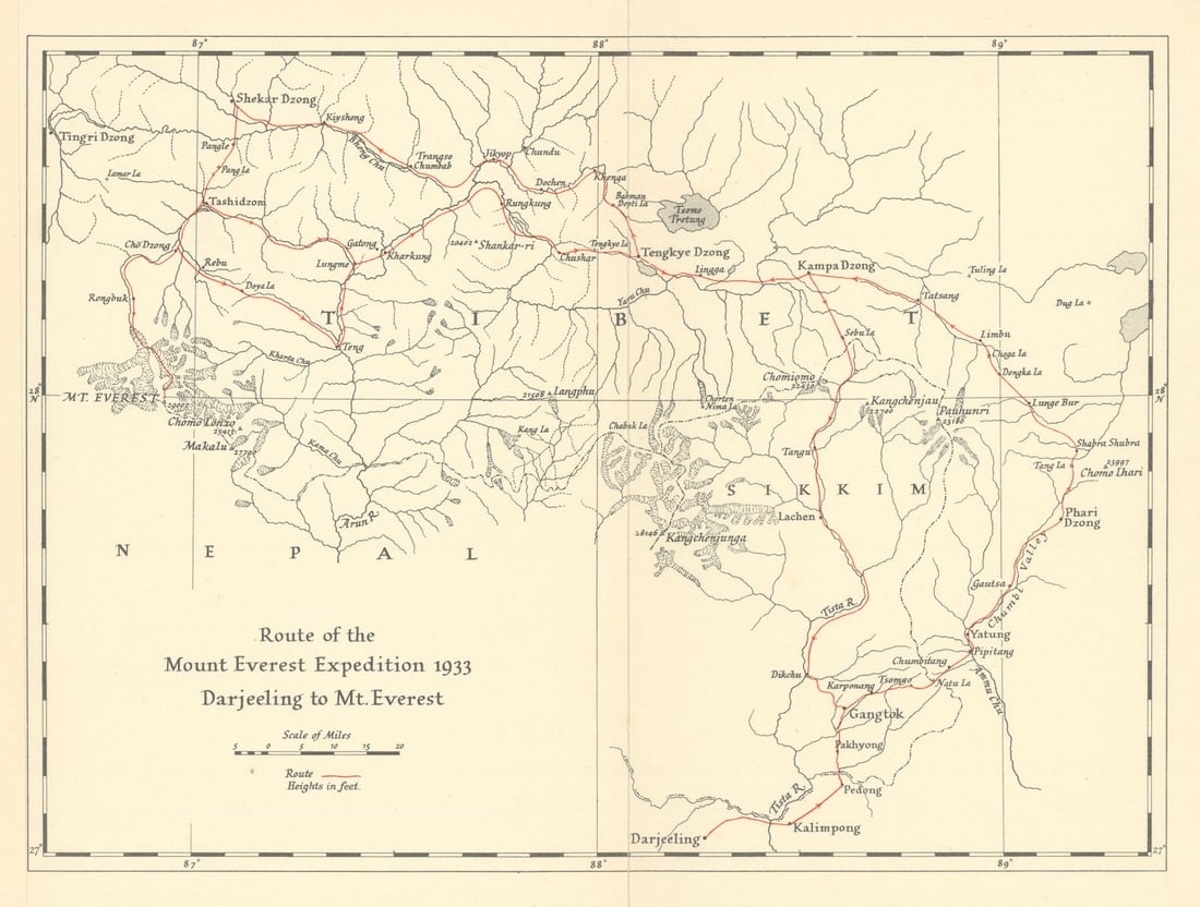 Route of the 1933 Mount Everest Expedition - Darjeeling to Mt. Everest 1934 map: Title: Route of the 1933 Mount Everest Expedition - Darjeeling to Mt. Everest 1934 map Description: Route of the Mount Everest Expedition, 1933 - Darjeeling to Mt. Everest'. A map of the 1933 British