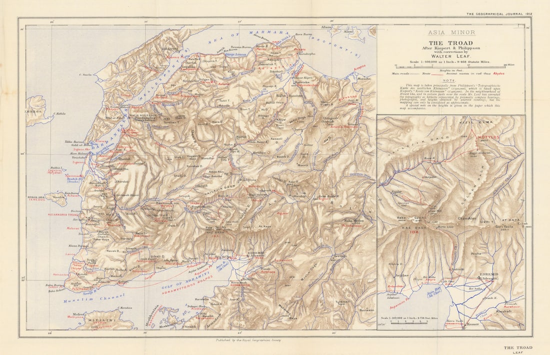 The Troad, Asia Minor. Ancient placenames. Kiepert/Philippson/Leaf/RGS 1912 map: Title: The Troad, Asia Minor. Ancient placenames. Kiepert/Philippson/Leaf/RGS 1912 map Description: Asia Minor - The Troad after Kiepert & Philippson with corrections by Walter Leaf'. Royal Geogra
