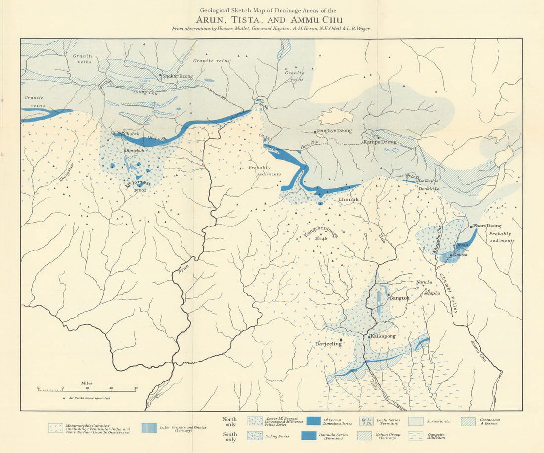 Geological Sketch Map of the Arun, Tista & Amu Chu drainage areas. Everest 1934: Title: Geological Sketch Map of the Arun, Tista & Amu Chu drainage areas. Everest 1934 Description: Geological Sketch Map of Drainage Areas of the Arun, Tista, and Amu Chu from observations by Hooker,