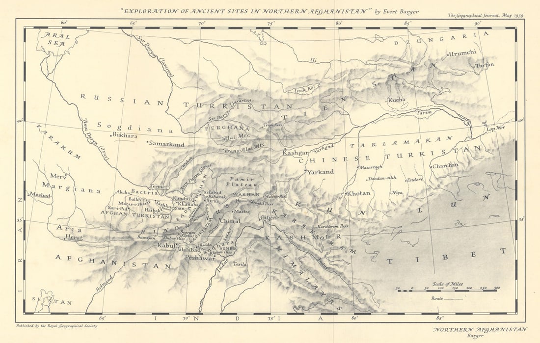 Central Asia. Ancient Sites in Northern Afghanistan. RGS/Evert Barger 1939 map: Title: Central Asia. Ancient Sites in Northern Afghanistan. RGS/Evert Barger 1939 map Description: "Exploration of Ancient Sites in Northern Afghanistan" by Evert Barger.'. Royal Geographical Society