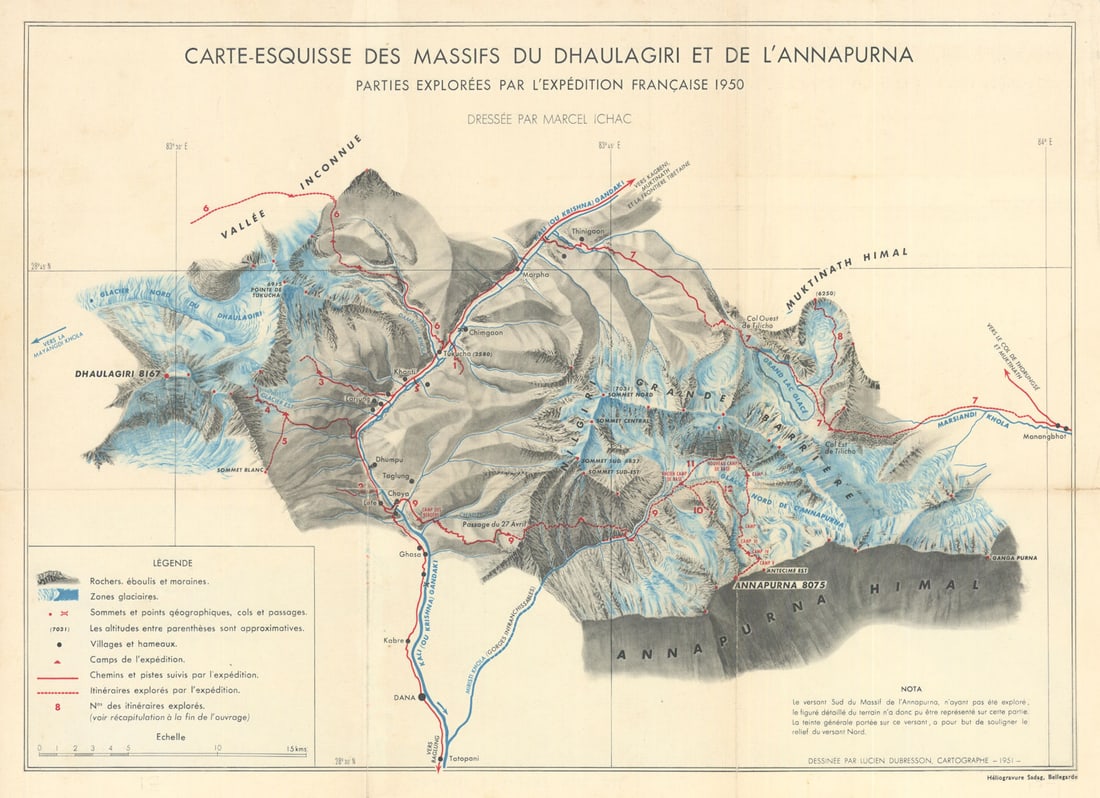 Annapurna 1950 Expedition Française / Herzog route. First 8000m ascent 1951 map: Title: Annapurna 1950 Expedition Française / Herzog route. First 8000m ascent 1951 map Description: Carte-Esquisse des Massifs du Dhaulagiri et de l'Annapurna - parties explorées par