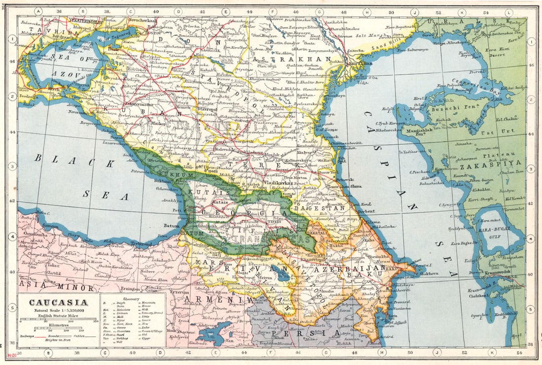 CAUCASIA CAUCASUS. Georgia Armenia Azerbaijan Russia Erivan. Eurasia 1920 map: Title: CAUCASIA CAUCASUS. Georgia Armenia Azerbaijan Russia Erivan. Eurasia 1920 map Description: Caucasia' by Harmsworth. Published 1920. Vintage colour map. Scale 1:5,320,000. Size 22 x 33 cm | 8.5