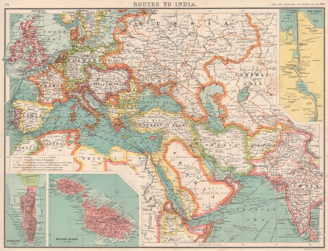 ROUTES TO INDIA.Europe Middle East & Asia.Suez Canal Gibraltar & Malta 1901 map (1 of 1)