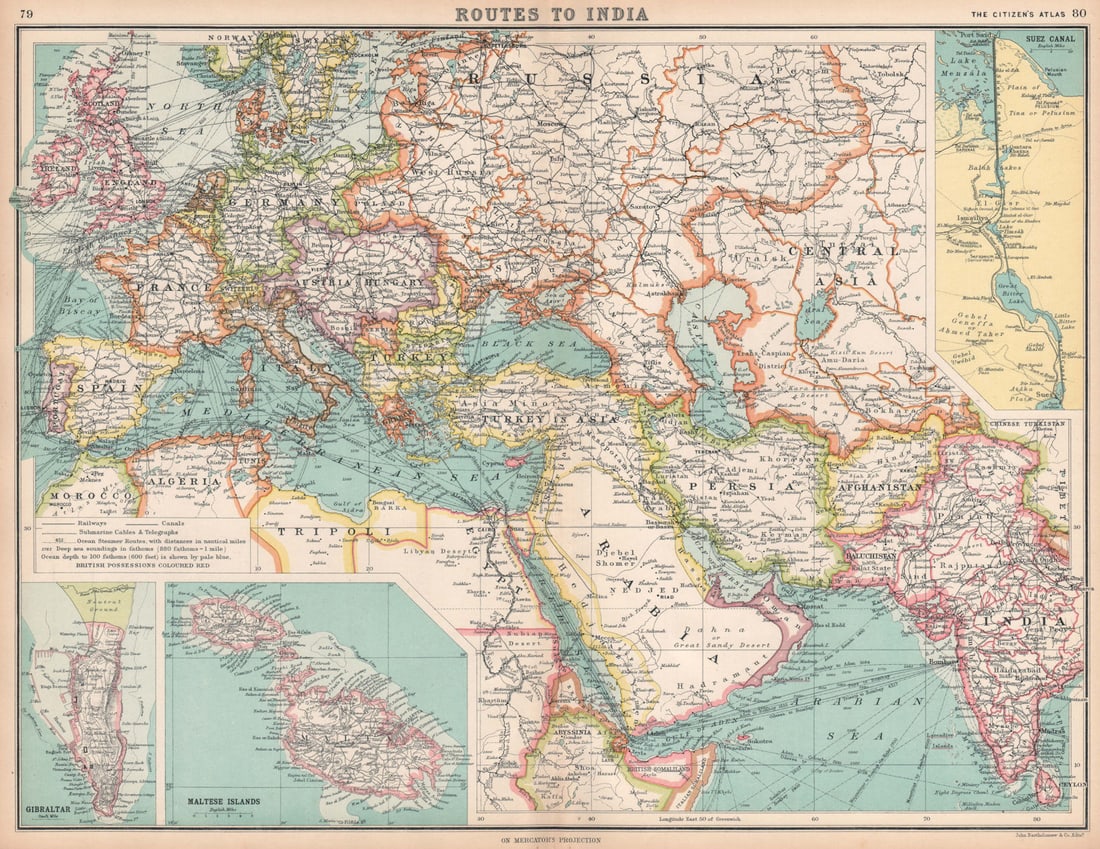 ROUTES TO INDIA Europe Middle East & Asia. Suez Canal Gibraltar & Malta 1912 map (1 of 1)