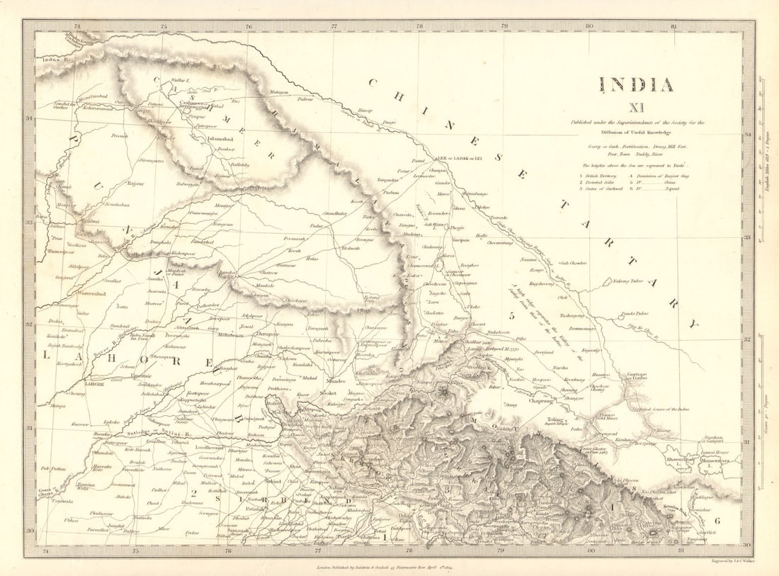 INDIA PAKISTAN. Punjab Garhwal Lahore Sirhind Kashmir China. SDUK 1848 old map (1 of 1)