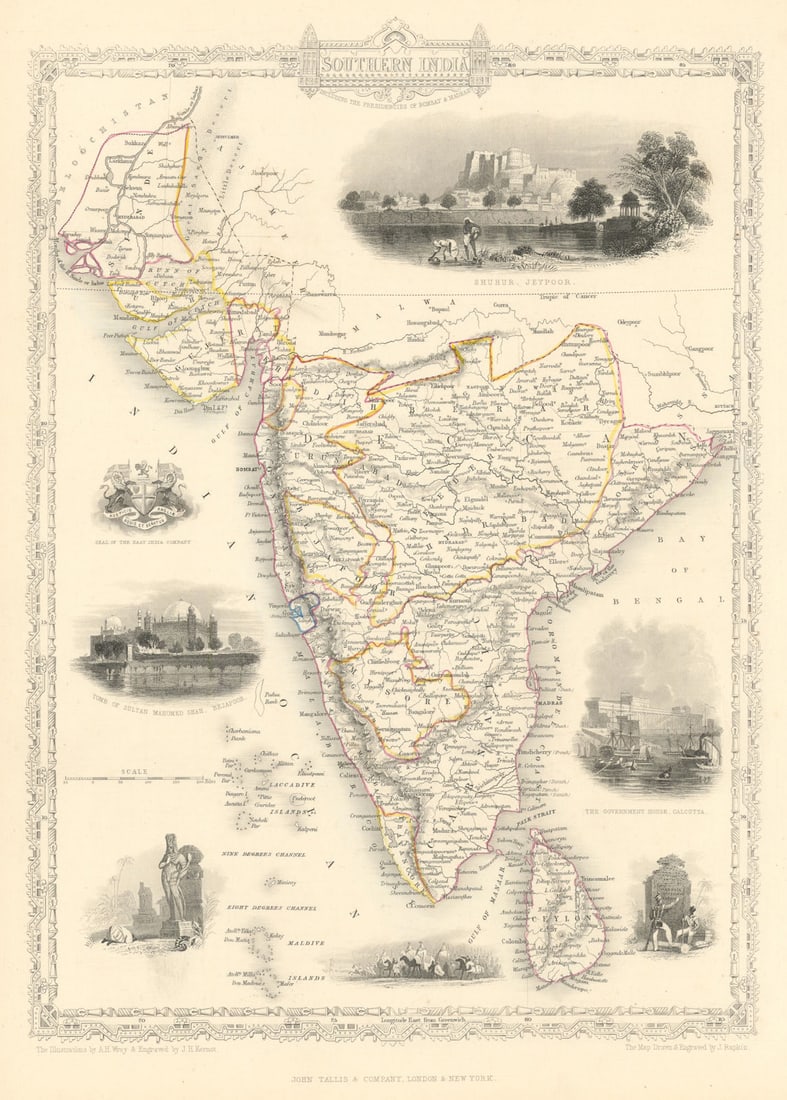 SOUTHERN INDIA. Amber Fort, Jaipur & Gol Gumbaz, Bijapur.TALLIS/RAPKIN 1851 map: Title: SOUTHERN INDIA. Amber Fort, Jaipur & Gol Gumbaz, Bijapur.TALLIS/RAPKIN 1851 map Description: Southern India'. Vignettes: Shuhur (The Amber Fort), Jeypoor (Jaipur); The Government House,