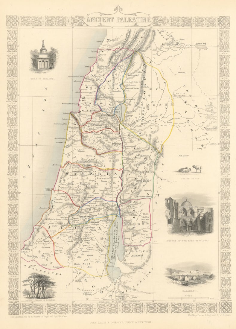 ANCIENT PALESTINE. 12 tribes of Israel. Levant Jordan. TALLIS/RAPKIN 1851 map: Title: ANCIENT PALESTINE. 12 tribes of Israel. Levant Jordan. TALLIS/RAPKIN 1851 map Description: Ancient Palestine'. Vignettes: Tomb of Absalom; Syrian Sheep; Church of the Holy Sepulchre; Nazareth;