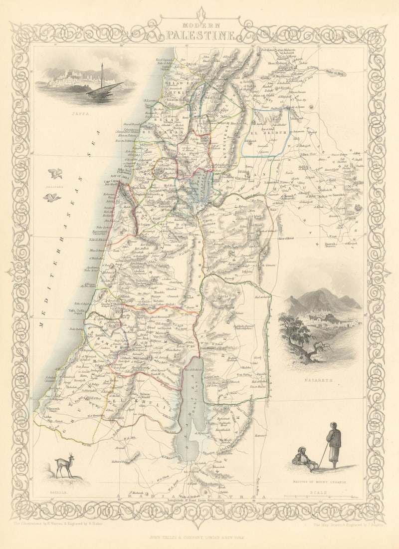 PALESTINE. Jaffa/Tel Aviv Nazareth views.Jordan Lebanon.TALLIS/RAPKIN 1851 map: Title: PALESTINE. Jaffa/Tel Aviv Nazareth views.Jordan Lebanon.TALLIS/RAPKIN 1851 map Description: Modern Palestine'. Vignettes: Jaffa; Nazareth; Natives of Mount Lebanon; Gazelle; Pelicans . Map draw