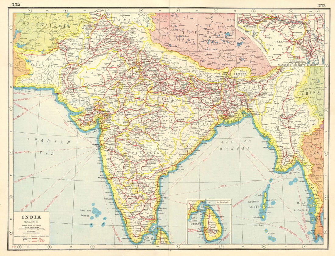 BRITISH INDIA RAILWAYS.broad medium narrow gauge.Pakistan Burma Ceylon 1920 map: Title: BRITISH INDIA RAILWAYS.broad medium narrow gauge.Pakistan Burma Ceylon 1920 map Description: India (Railways); Inset map of Ceylon' by Harmsworth. Published 1920. Vintage colour map. Size 34 x