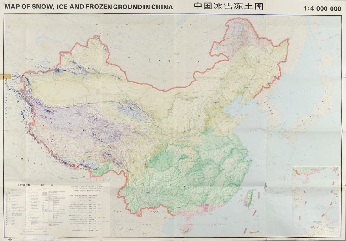 Snow, Ice & Frozen ground in China. Permafrost glaciers. 132x98cm 1988 old map: Title: Snow, Ice & Frozen ground in China. Permafrost glaciers. 132x98cm 1988 old map Description: Map of Snow, Ice and Frozen ground in China'. Printed by China Geological Map Printing House.