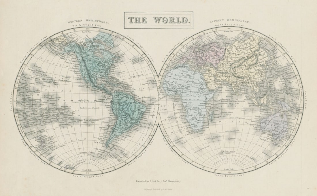World twin hemispheres. Western & eastern hemispheres. SIDNEY HALL 1856 map (1 of 1)