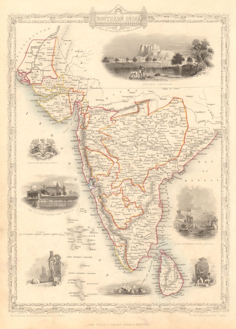 SOUTHERN INDIA. Amber Fort, Jaipur & Gol Gumbaz, Bijapur. RAPKIN/TALLIS 1851 map: Title: SOUTHERN INDIA. Amber Fort, Jaipur & Gol Gumbaz, Bijapur. RAPKIN/TALLIS 1851 map Description: Southern India'. Vignettes: Shuhur (The Amber Fort), Jeypoor (Jaipur); The Government House, Calcut