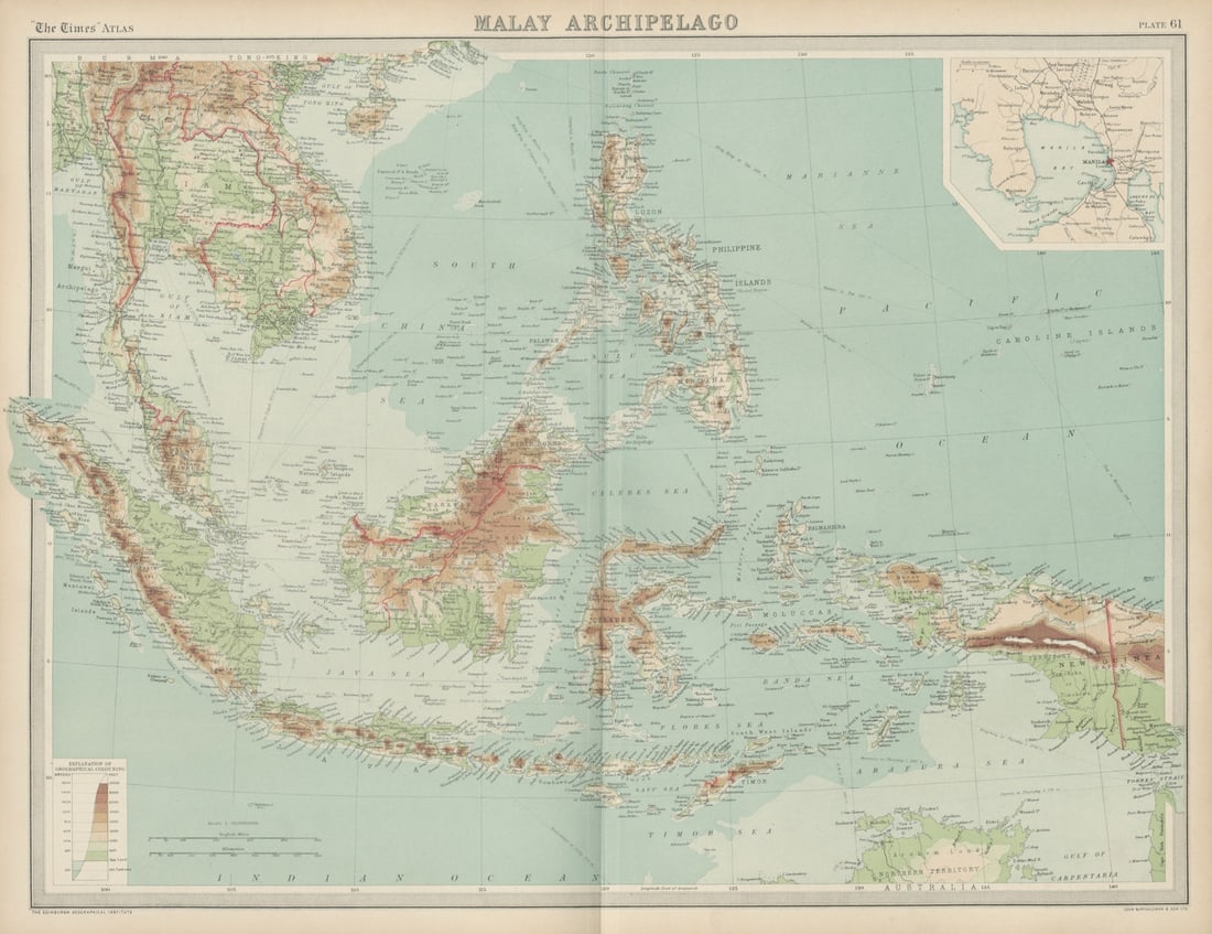 Malay Archipelago. Indonesia Philippines Dutch East Indies. THE TIMES 1922 map: Title: Malay Archipelago. Indonesia Philippines Dutch East Indies. THE TIMES 1922 map Description: Malay Archipelago'. J. G. Bartholomew. Published 1922. Antique atlas map. Size 45 x 58 cm | 17.5 x 23