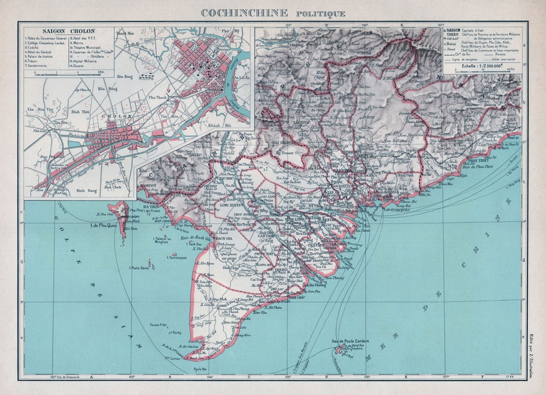 COCHINCHINA Cochinchine Indochina Vietnam. Saigon/Ho Chi Minh city plan 1929 map: Title: COCHINCHINA Cochinchine Indochina Vietnam. Saigon/Ho Chi Minh city plan 1929 map Description: Cochinchine - Politique. Inset: Saigon Cholon'. Commandant P. Pollacchi. Published 1929. Vintage